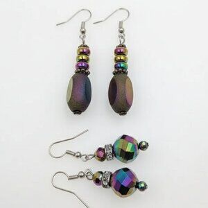 Iridescent Rainbow Crystal Bead Dangle Earring Set (2 Pairs) - Excellent Conditi